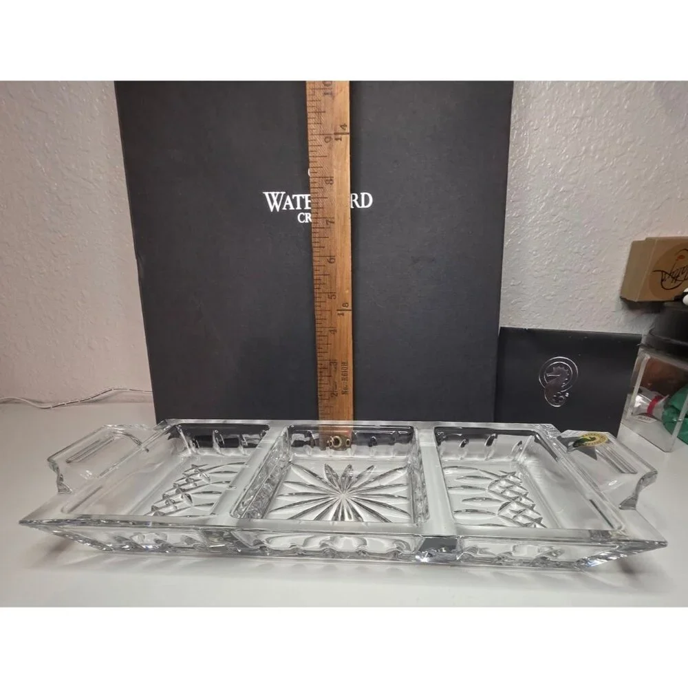 New Waterford Crystal Lismore 3-Part Handled Serving Tray with Box